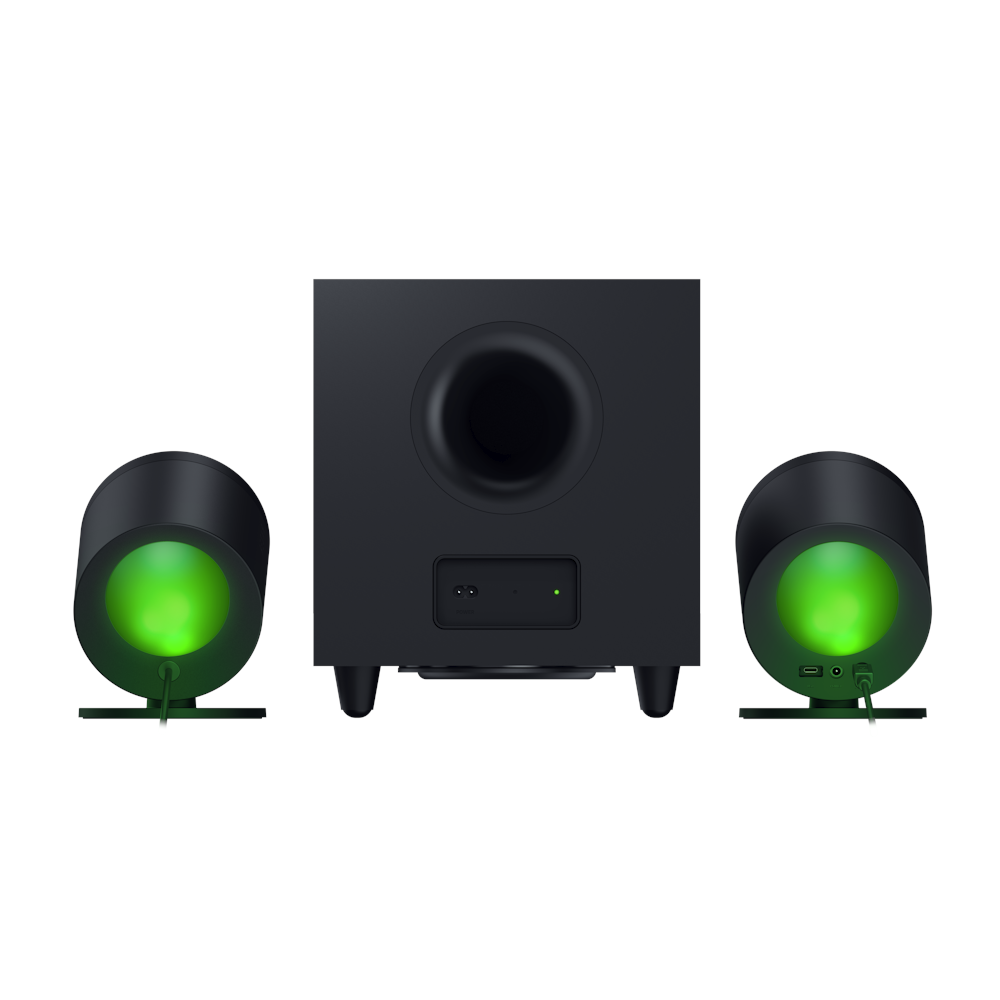 A large main feature product image of Razer Nommo V2 Pro Full-Range 2.1 PC Gaming Speakers with Wireless Subwoofer