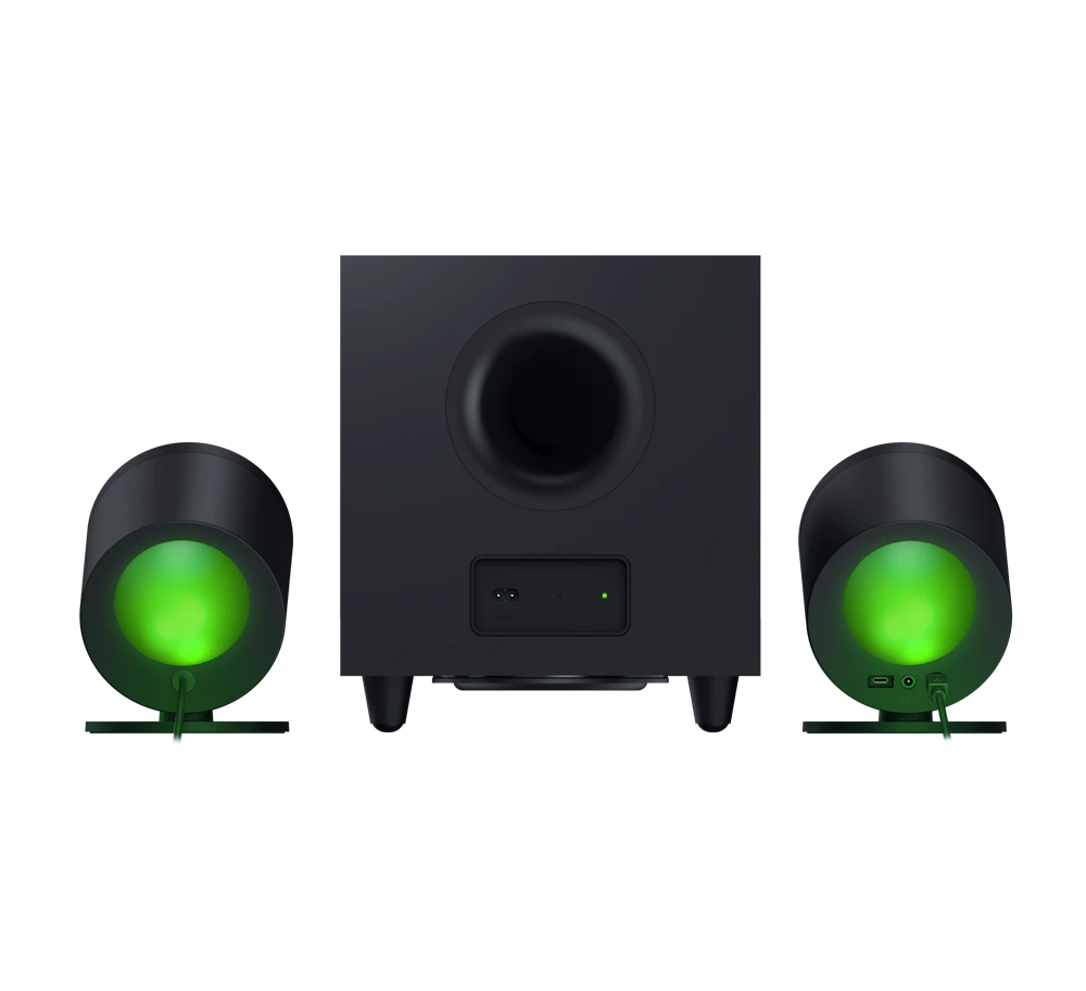 A large main feature product image of Razer Nommo V2 Pro Full-Range 2.1 PC Gaming Speakers with Wireless Subwoofer