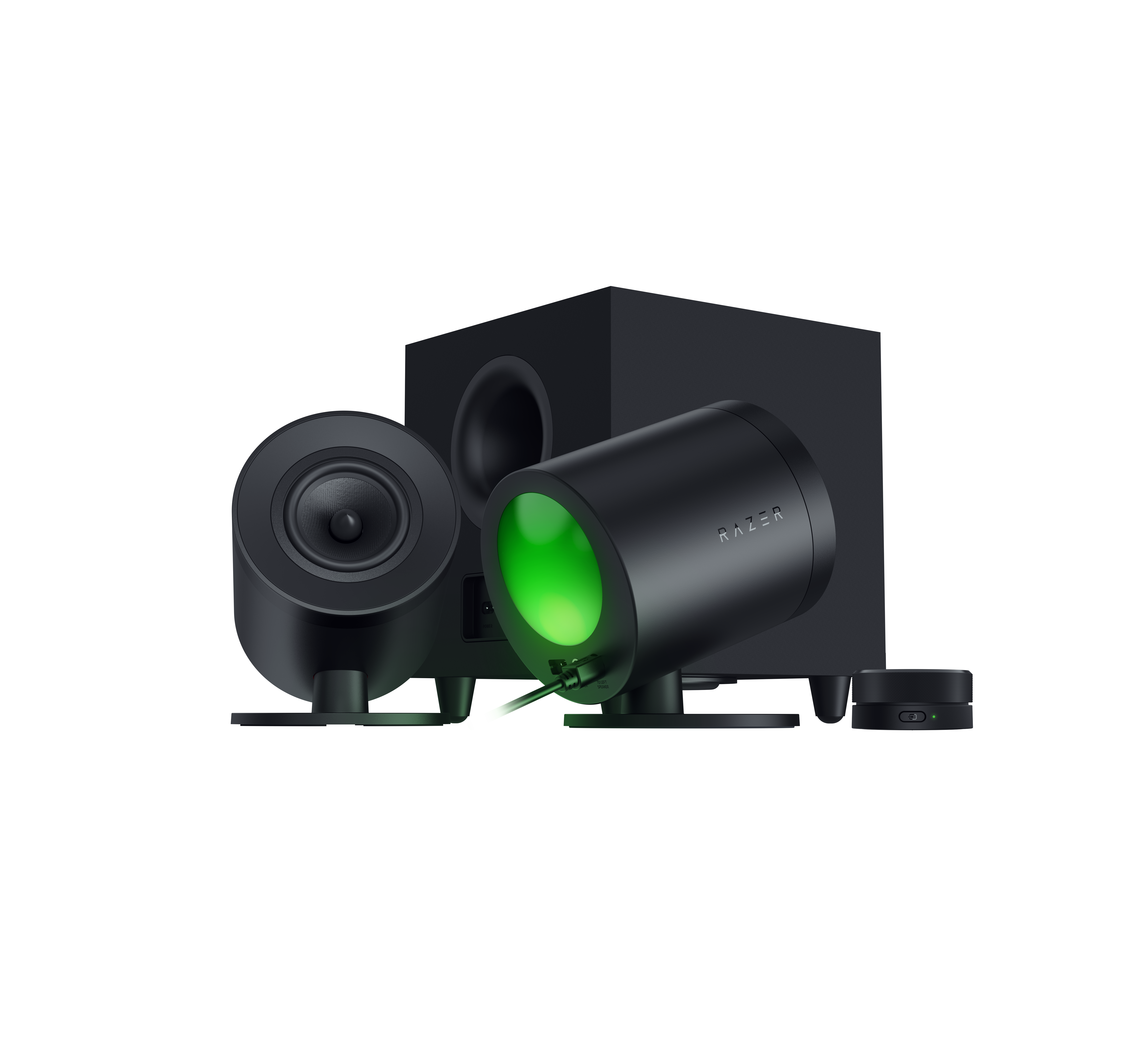 A large main feature product image of Razer Nommo V2 Pro Full-Range 2.1 PC Gaming Speakers with Wireless Subwoofer 