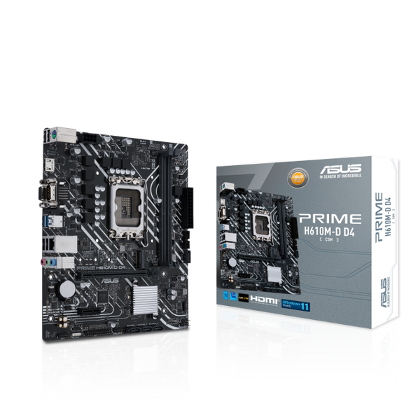A large main feature product image of ASUS PRIME H610M-D D4-CSM DDR4 LGA1700 mATX Desktop Motherboard
