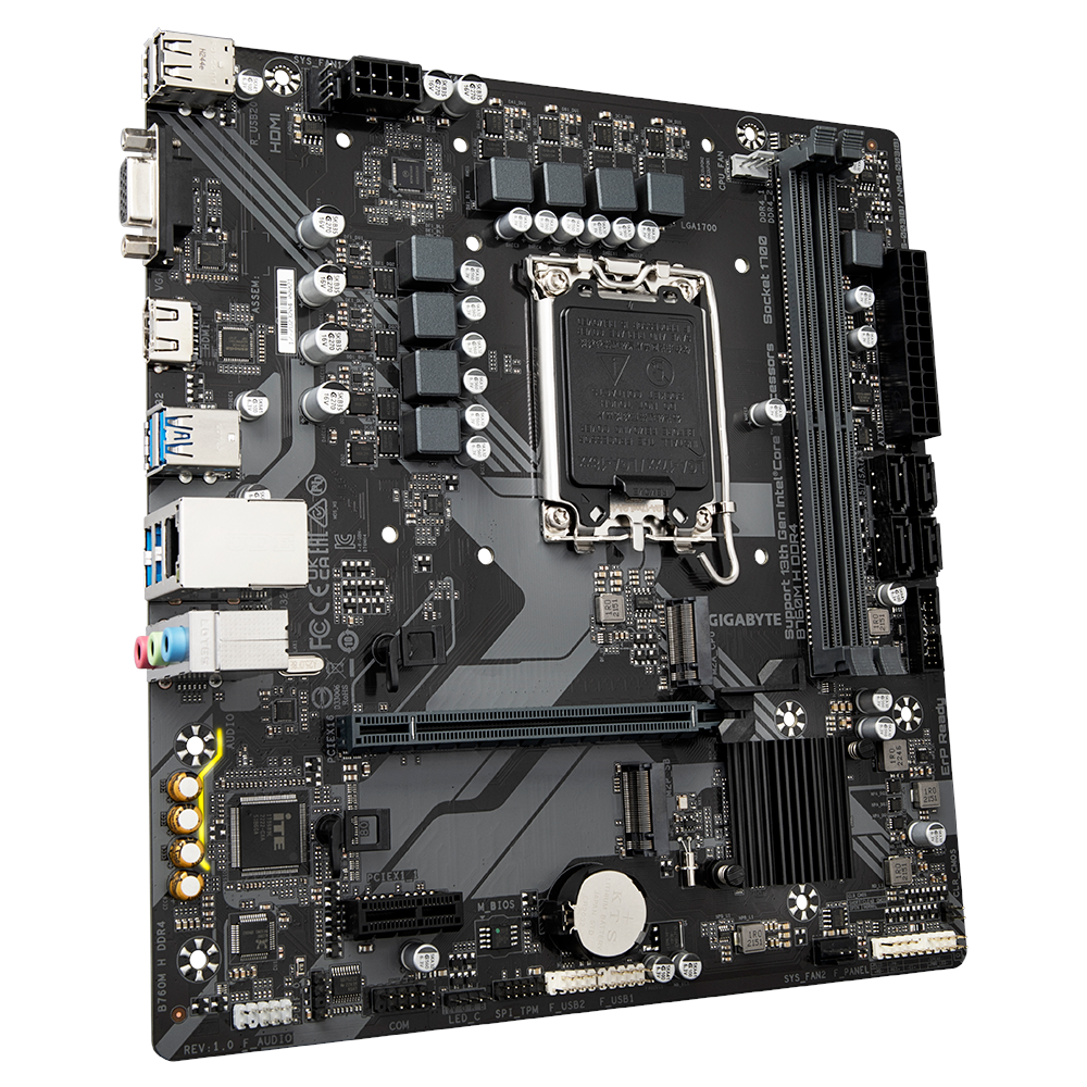 A large main feature product image of Gigabyte B760M H DDR4 LGA1700 mATX Desktop Motherboard