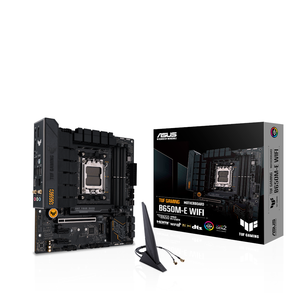 A large main feature product image of ASUS TUF GAMING B650M-E WIFI AM5 mATX Desktop Motherboard