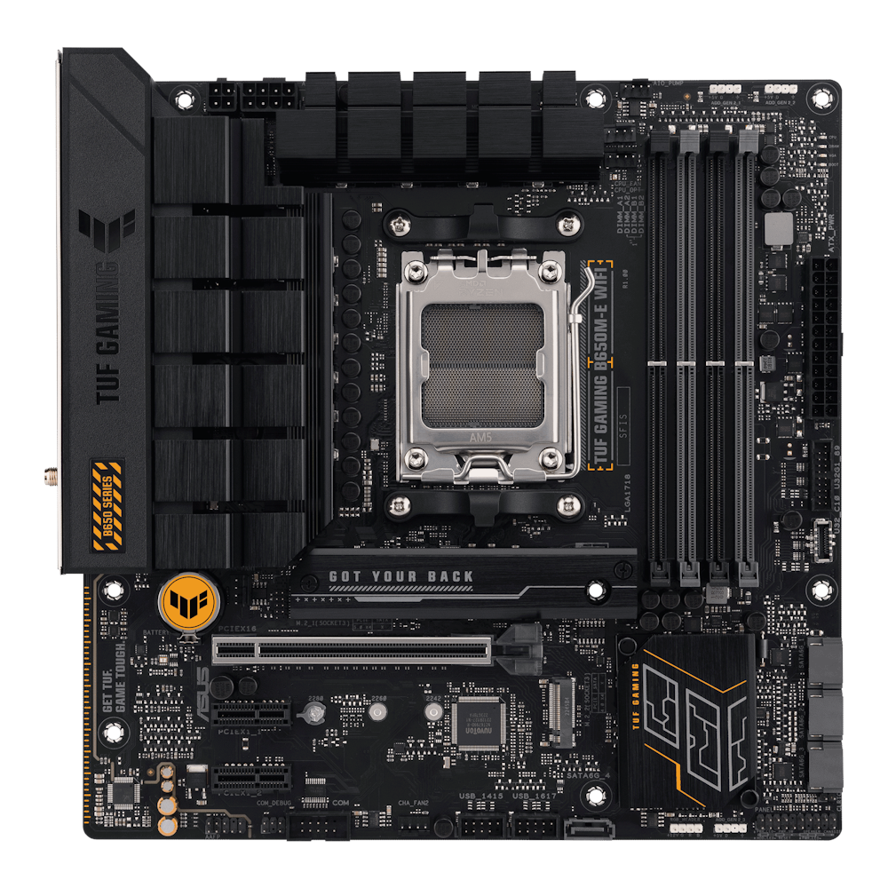A large main feature product image of ASUS TUF GAMING B650M-E WIFI AM5 mATX Desktop Motherboard