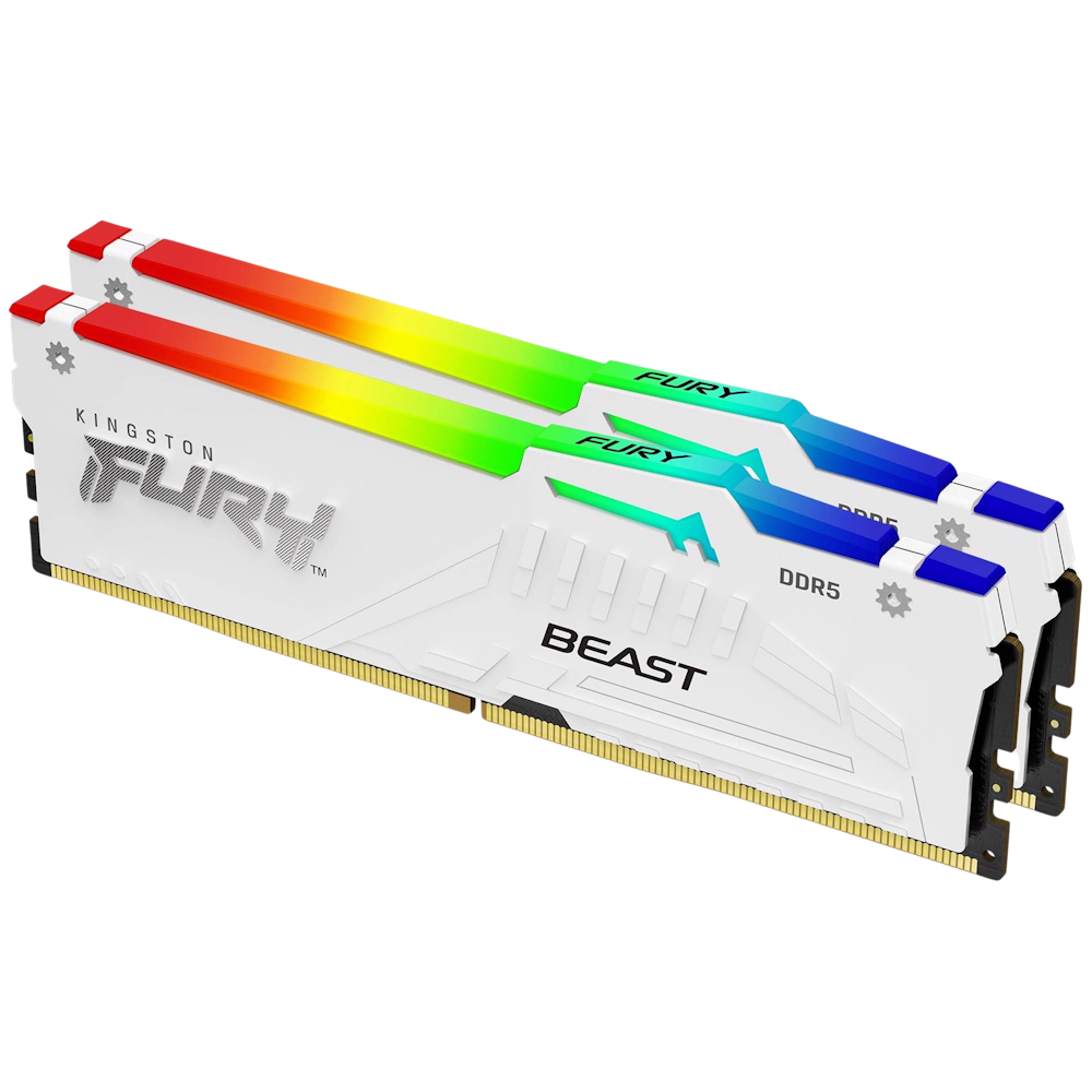 A large main feature product image of Kingston 32GB Kit (2x16GB) DDR5 Fury Beast RGB AMD EXPO C36 5600MHz - White