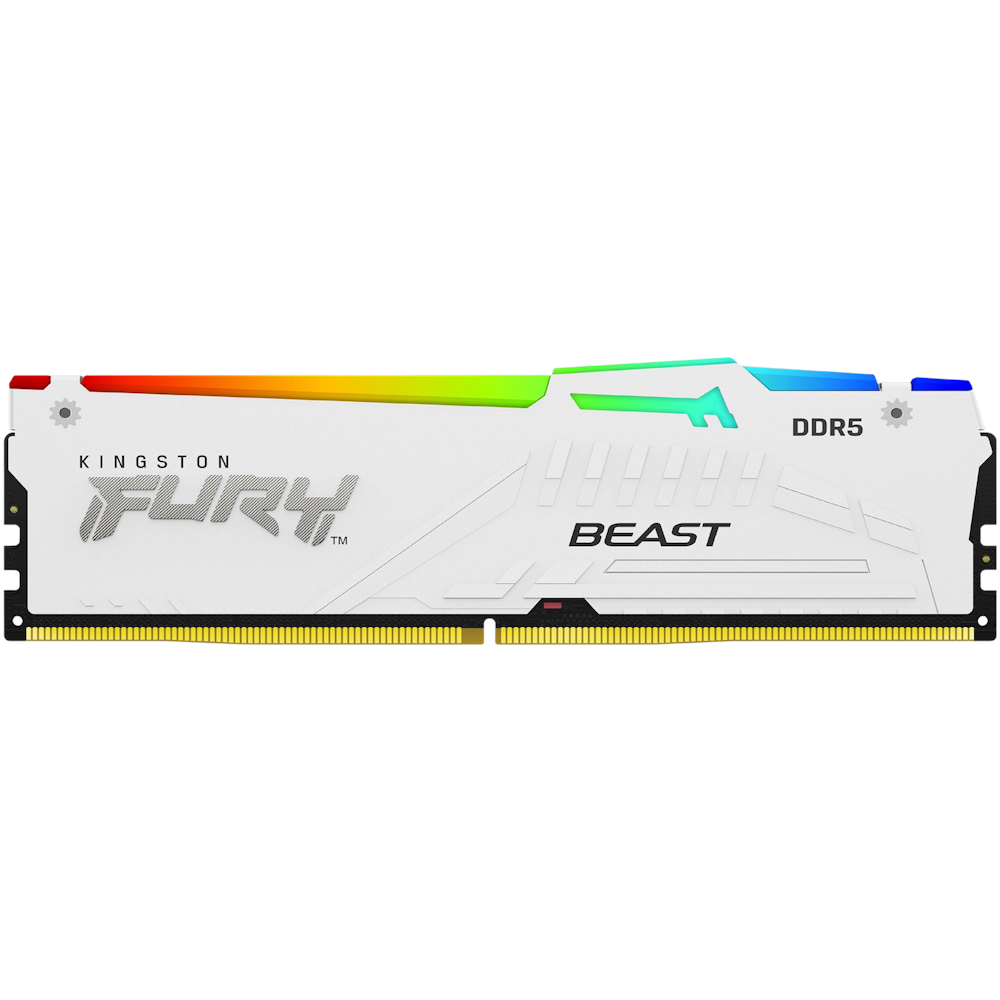 A large main feature product image of Kingston 32GB Kit (2x16GB) DDR5 Fury Beast RGB AMD EXPO C36 6000MHz - White