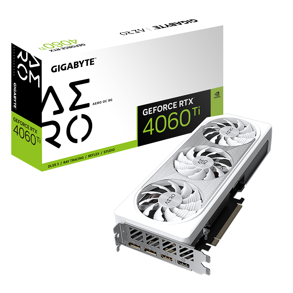 A large main feature product image of Gigabyte GeForce RTX 4060 Ti Aero OC 8GB GDDR6