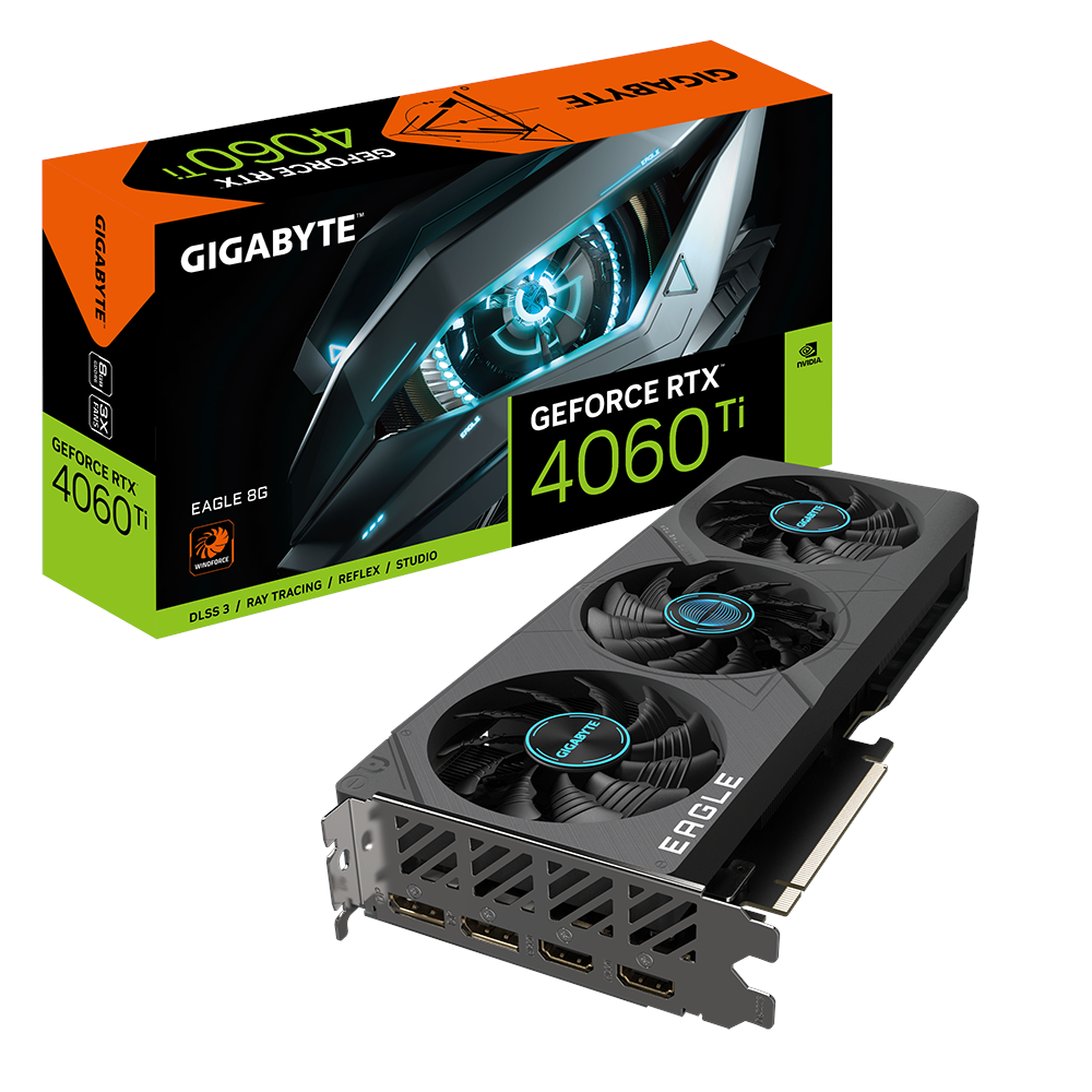 A large main feature product image of Gigabyte GeForce RTX 4060 Ti Eagle 8GB GDDR6