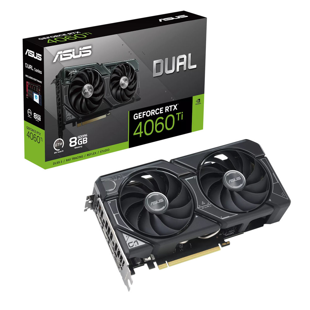 A large main feature product image of ASUS GeForce RTX 4060 Ti Dual OC 8GB GDDR6 - Black
