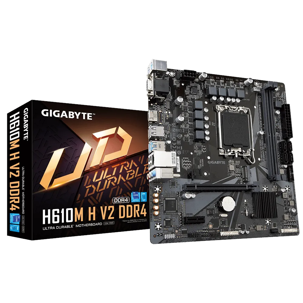 A large main feature product image of Gigabyte H610M-H V2 DDR4  LG1700 mATX Desktop Motherboard