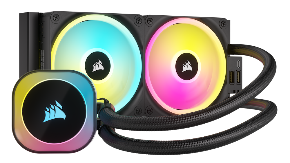 A large main feature product image of Corsair iCUE LINK H100i RGB 240mm AIO Liquid CPU Cooler - Black