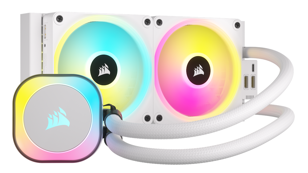 A large main feature product image of Corsair iCUE LINK H100i RGB 240mm AIO Liquid CPU Cooler - White
