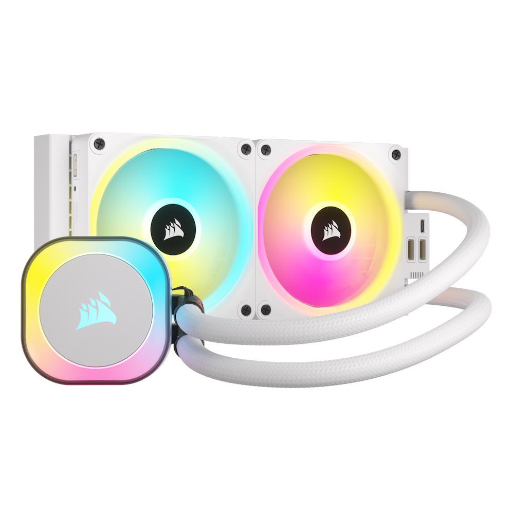 A large main feature product image of Corsair iCUE LINK H100i RGB 240mm AIO Liquid CPU Cooler - White