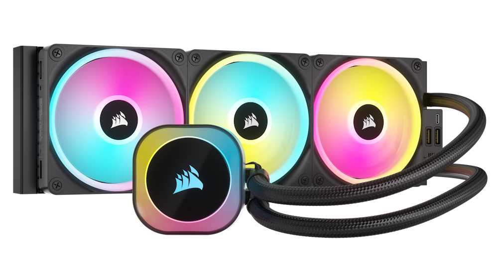 A large main feature product image of Corsair iCUE LINK H150i RGB 360mm AIO Liquid CPU Cooler - Black