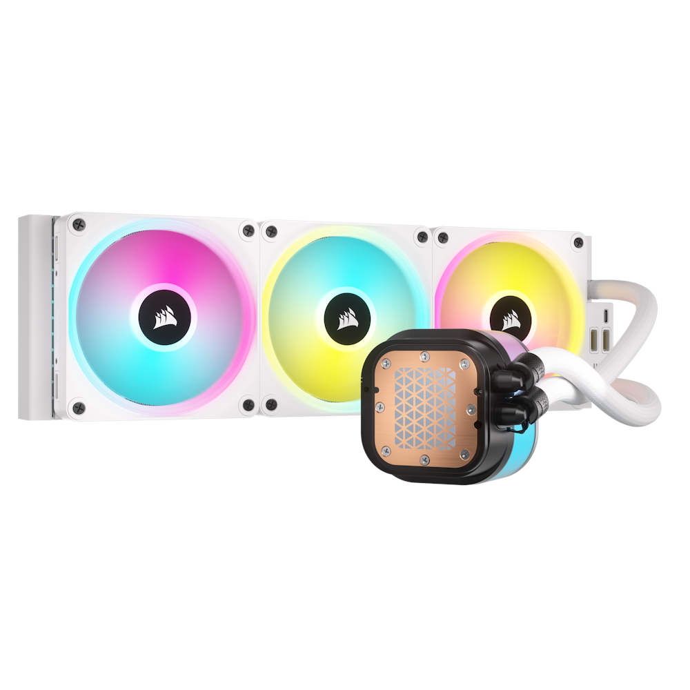 A large main feature product image of Corsair iCUE LINK H150i RGB 360mm AIO Liquid CPU Cooler - White
