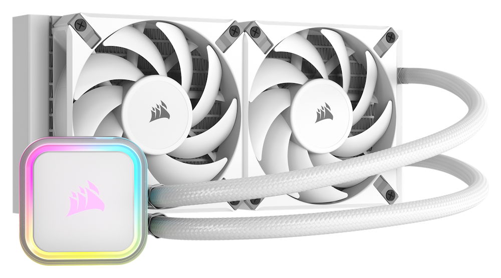 A large main feature product image of Corsair iCUE H100i RGB ELITE 240mm Liquid CPU Cooler - White