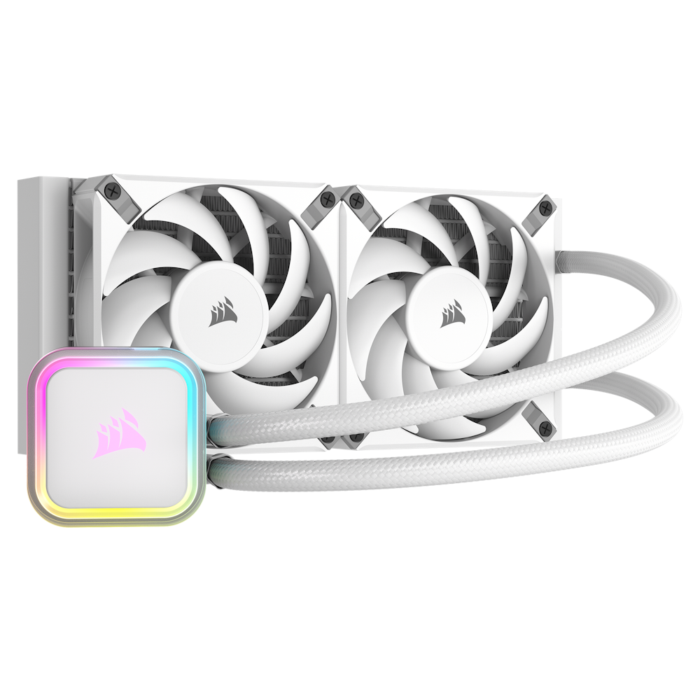 A large main feature product image of Corsair iCUE H100i RGB ELITE 240mm Liquid CPU Cooler - White