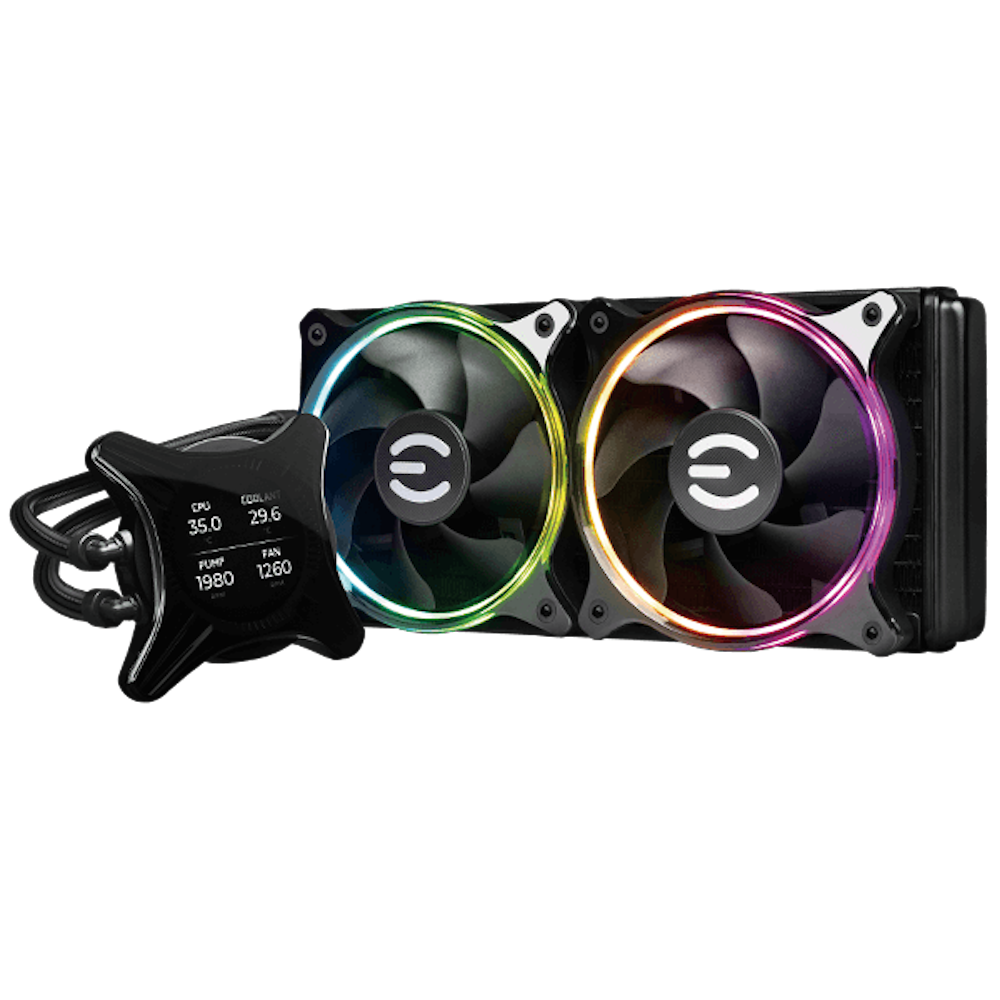 A large main feature product image of EVGA CLCx 240mm AIO LCD Liquid CPU Cooler