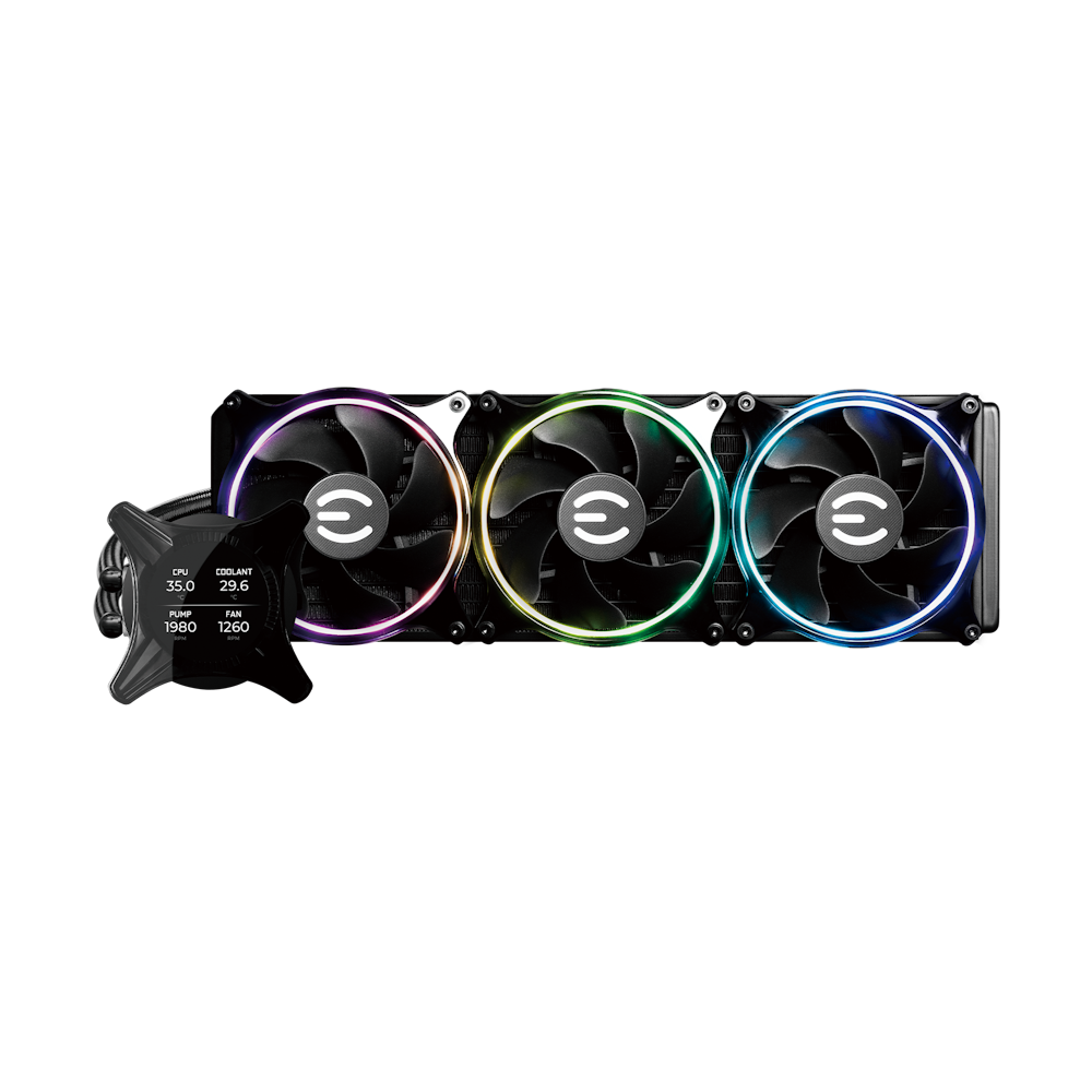 A large main feature product image of EVGA CLCx 360mm AIO LCD Liquid CPU Cooler
