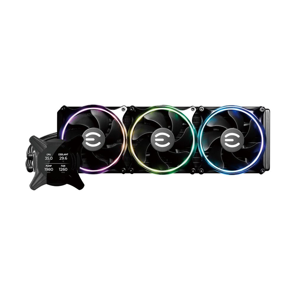 A large main feature product image of EVGA CLCx 360mm AIO LCD Liquid CPU Cooler