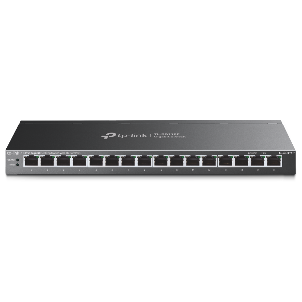 A large main feature product image of TP-Link SG116P - 16-Port Gigabit Desktop Switch
