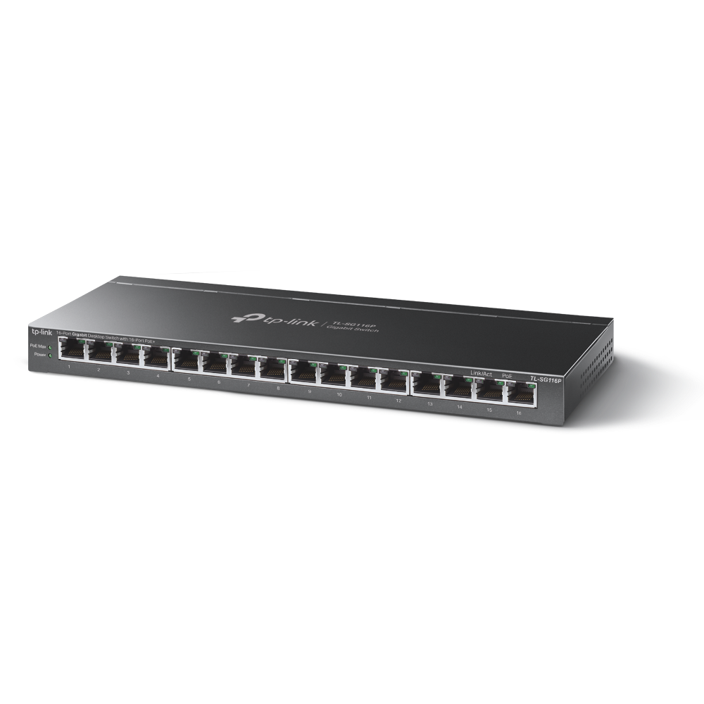 A large main feature product image of TP-Link SG116P - 16-Port Gigabit Desktop Switch