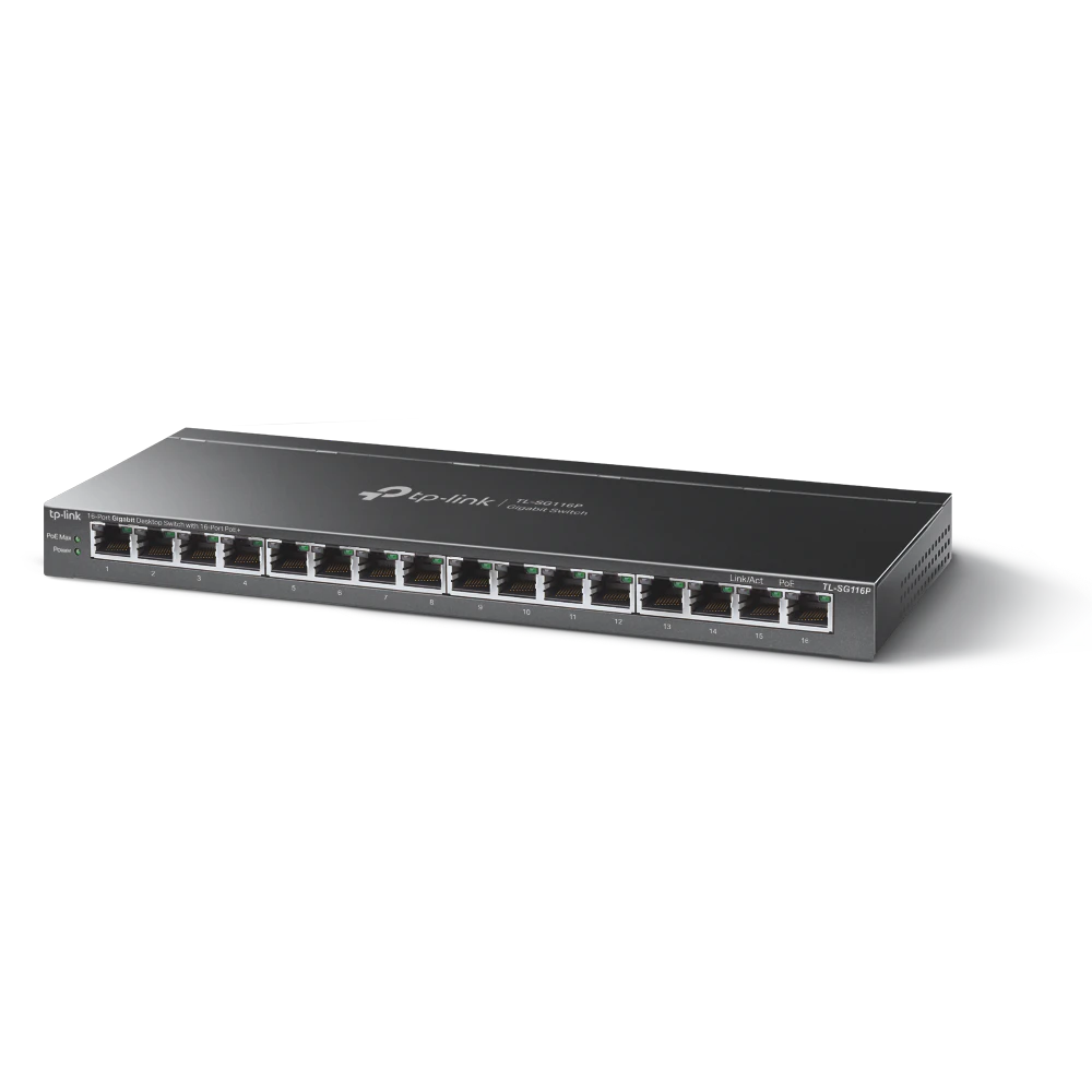 A large main feature product image of TP-Link SG116P - 16-Port Gigabit Desktop Switch