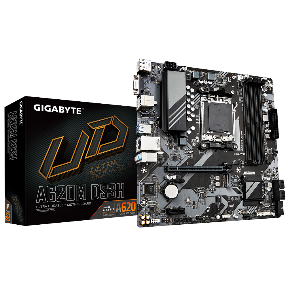 A large main feature product image of Gigabyte A620M DS3H AM5 mATX Desktop Motherboard