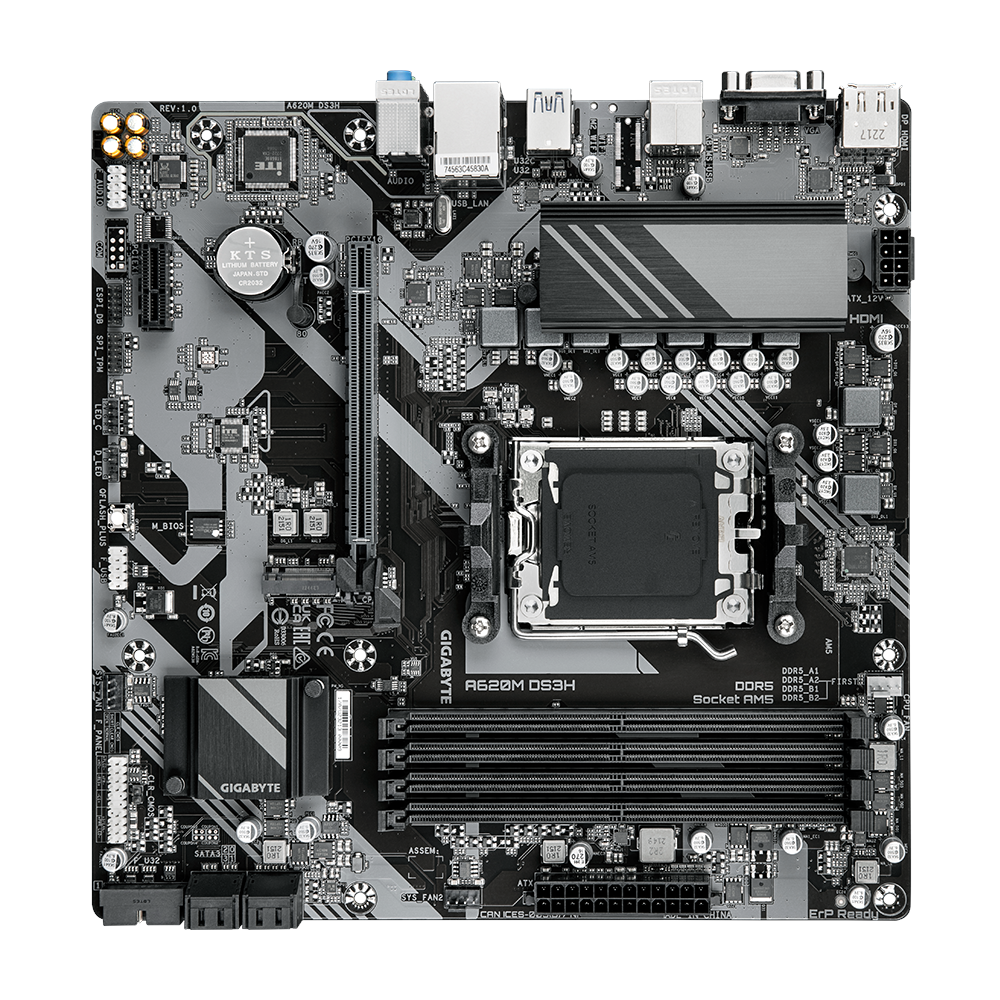 A large main feature product image of Gigabyte A620M DS3H AM5 mATX Desktop Motherboard