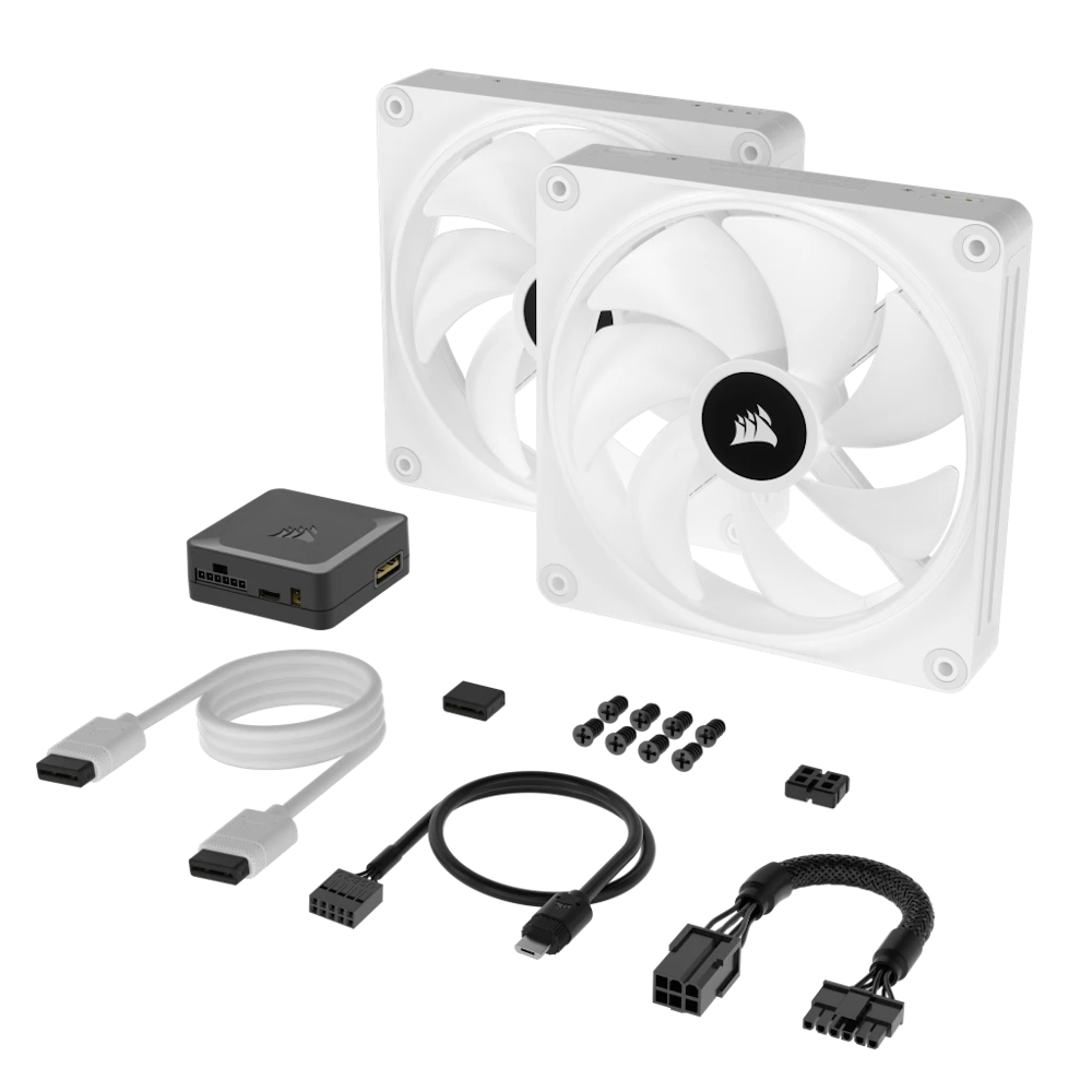 A large main feature product image of Corsair iCUE LINK QX140 RGB 140mm PWM Dual Fan Kit - White