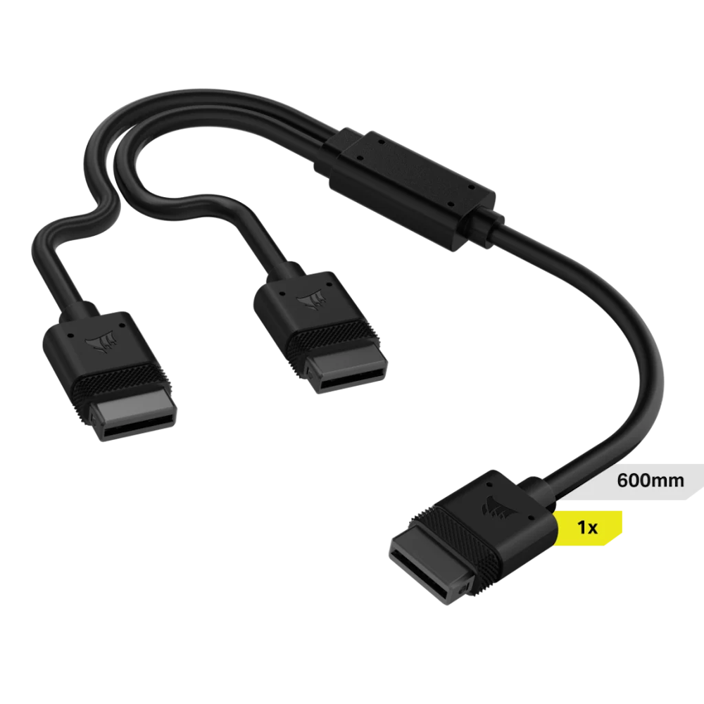 A large main feature product image of Corsair iCUE LINK 600mm Y-Cable