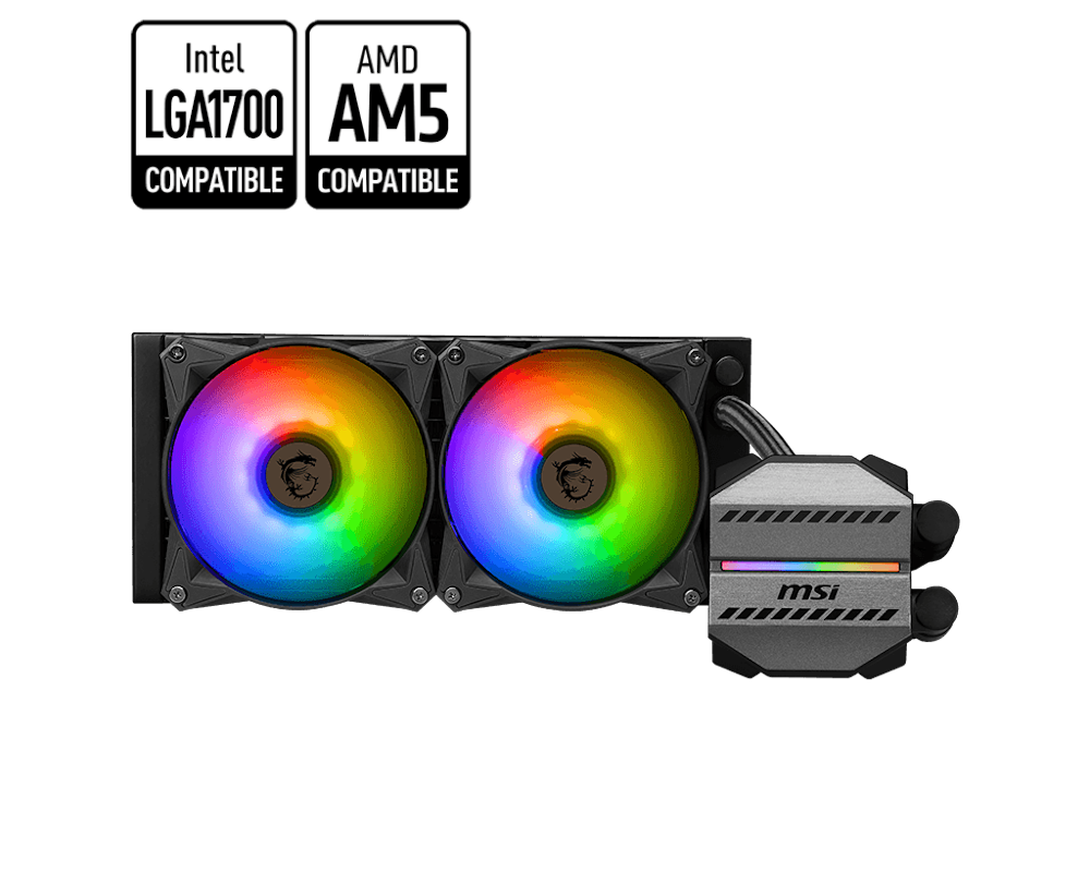 A large main feature product image of MSI MAG CoreLiquid M240 240mm AIO Liquid CPU Cooler