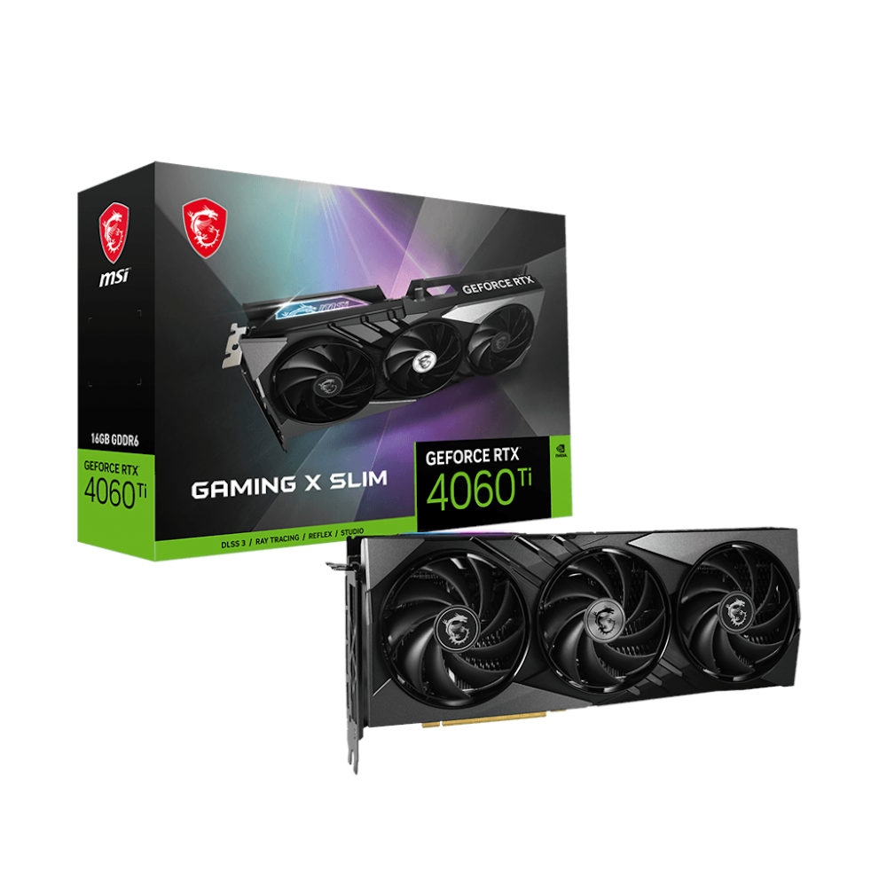 A large main feature product image of MSI GeForce RTX 4060 Ti Gaming X Slim 16GB GDDR6 - Black