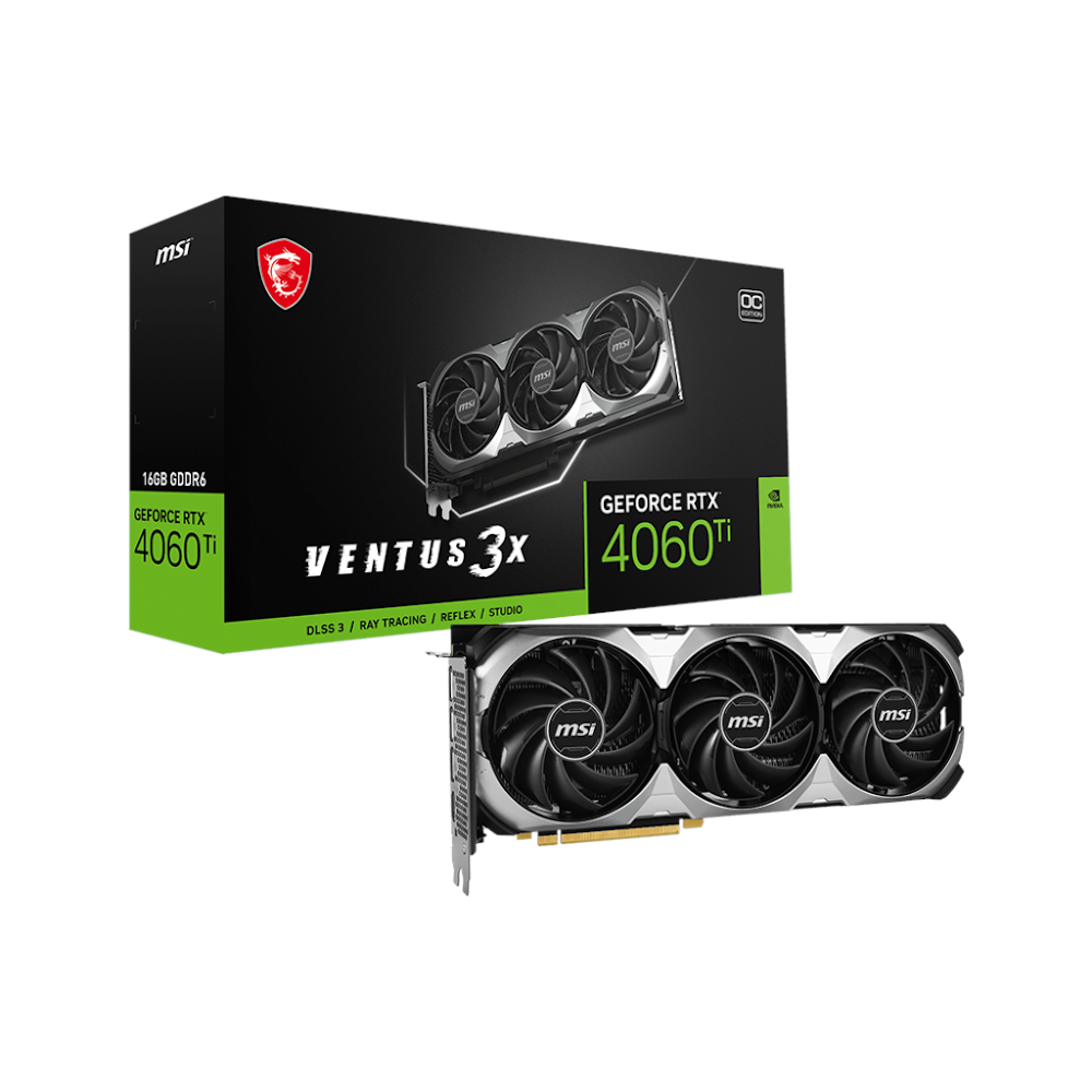 A large main feature product image of MSI GeForce RTX 4060 Ti Ventus 3X OC 16GB GDDR6
