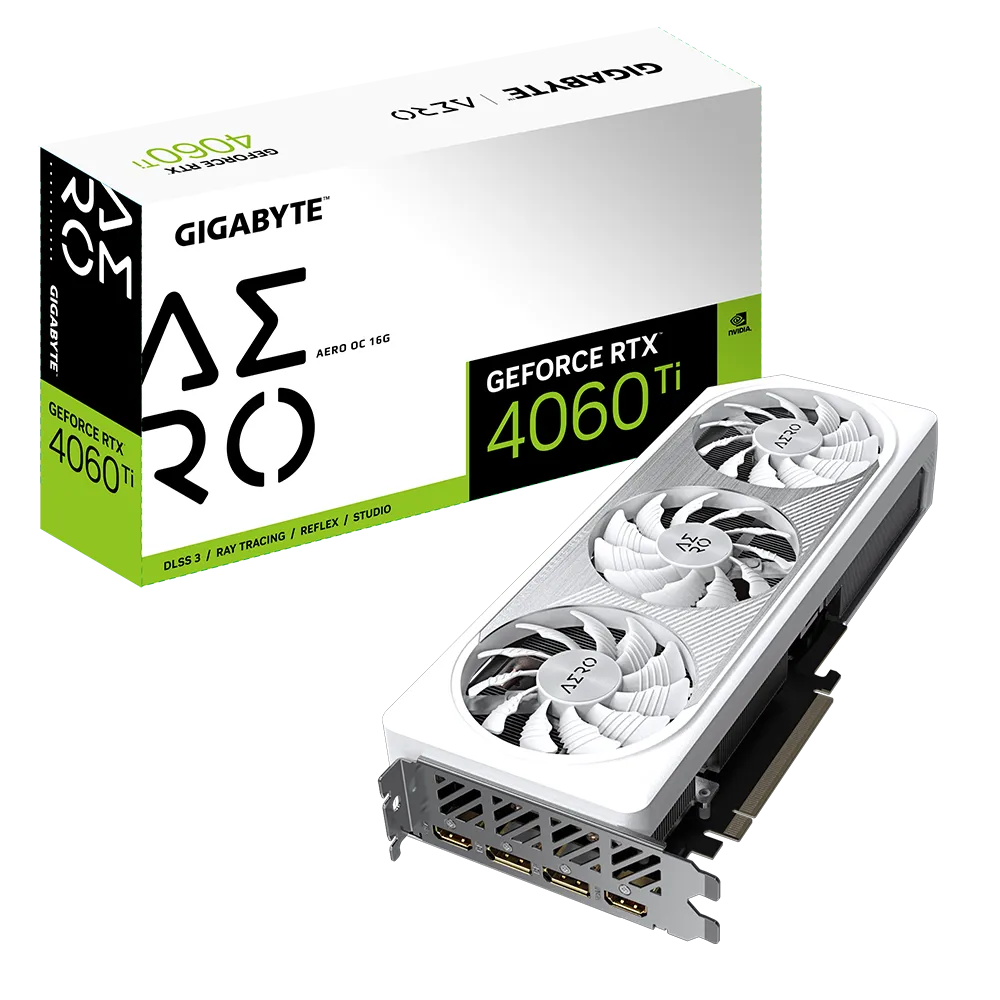 A large main feature product image of Gigabyte GeForce RTX 4060 Ti Aero OC 16GB GDDR6