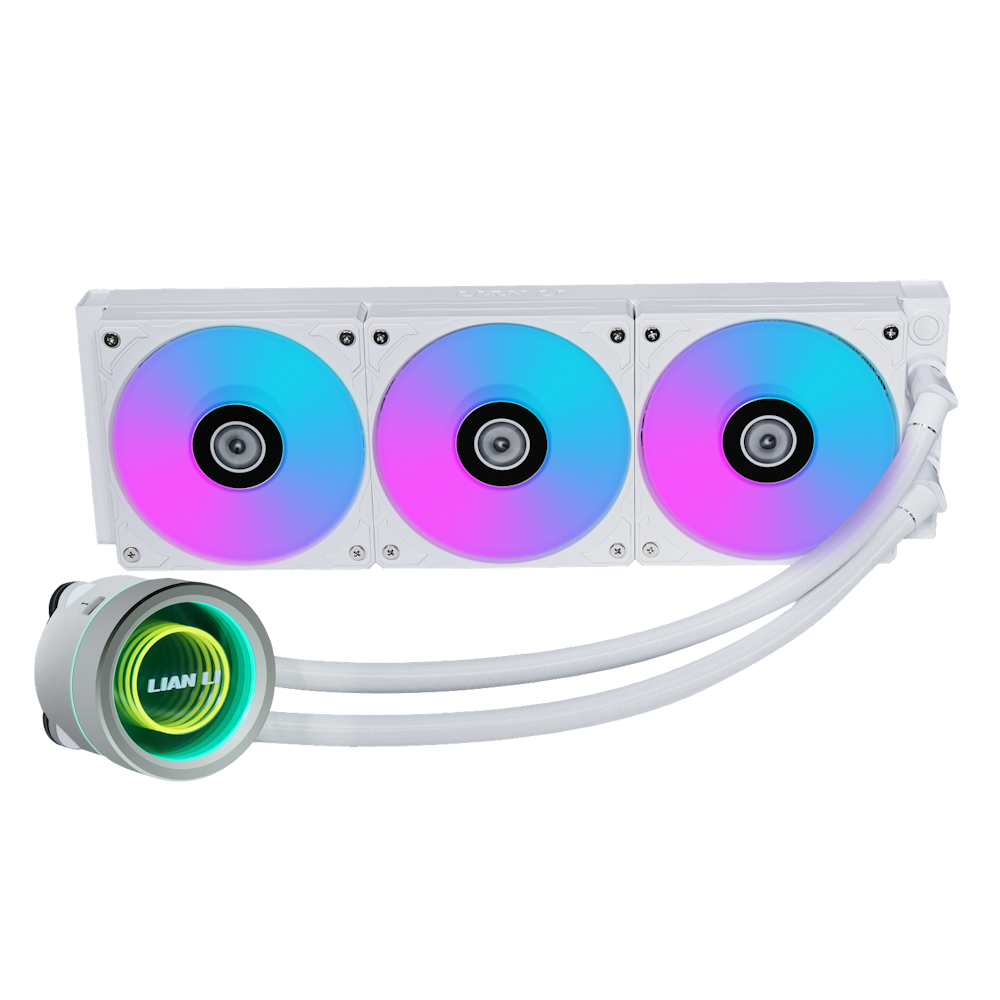 A large main feature product image of Lian Li Galahad II Trinity 360 RGB 360mm AIO Liquid CPU Cooler - White