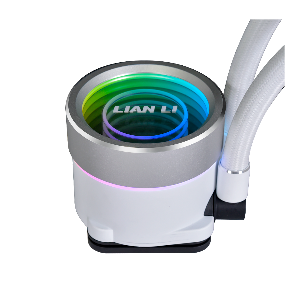 A large main feature product image of Lian Li Galahad II Trinity 360 RGB 360mm AIO Liquid CPU Cooler - White