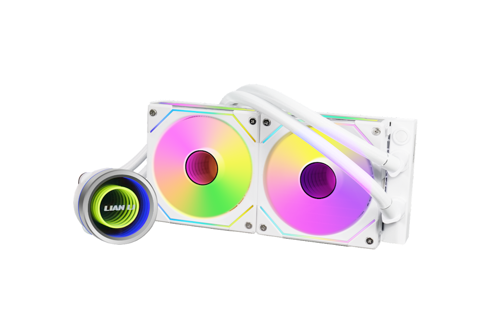 A large main feature product image of Lian Li Galahad II Trinity 240 SL Infinity RGB 240mm AIO Liquid CPU Cooler - White