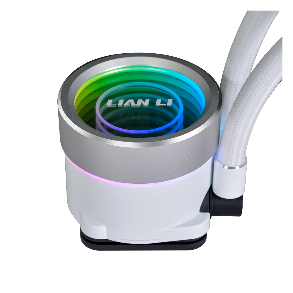 A large main feature product image of Lian Li Galahad II Trinity 240 SL Infinity RGB 240mm AIO Liquid CPU Cooler - White