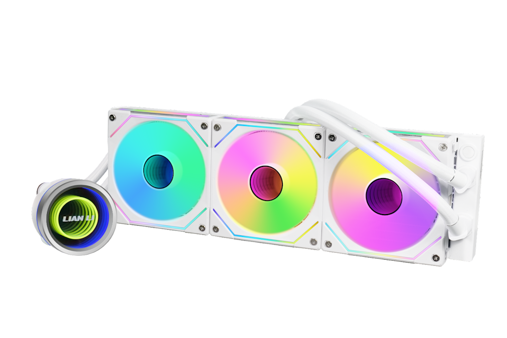 A large main feature product image of Lian Li Galahad II Trinity 360 SL Infinity RGB 360mm AIO Liquid CPU Cooler - White