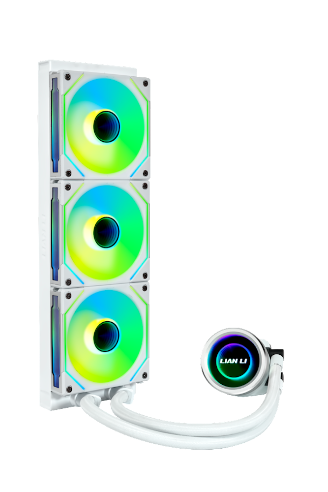 A large main feature product image of Lian Li Galahad II Trinity 360 SL Infinity RGB 360mm AIO Liquid CPU Cooler - White