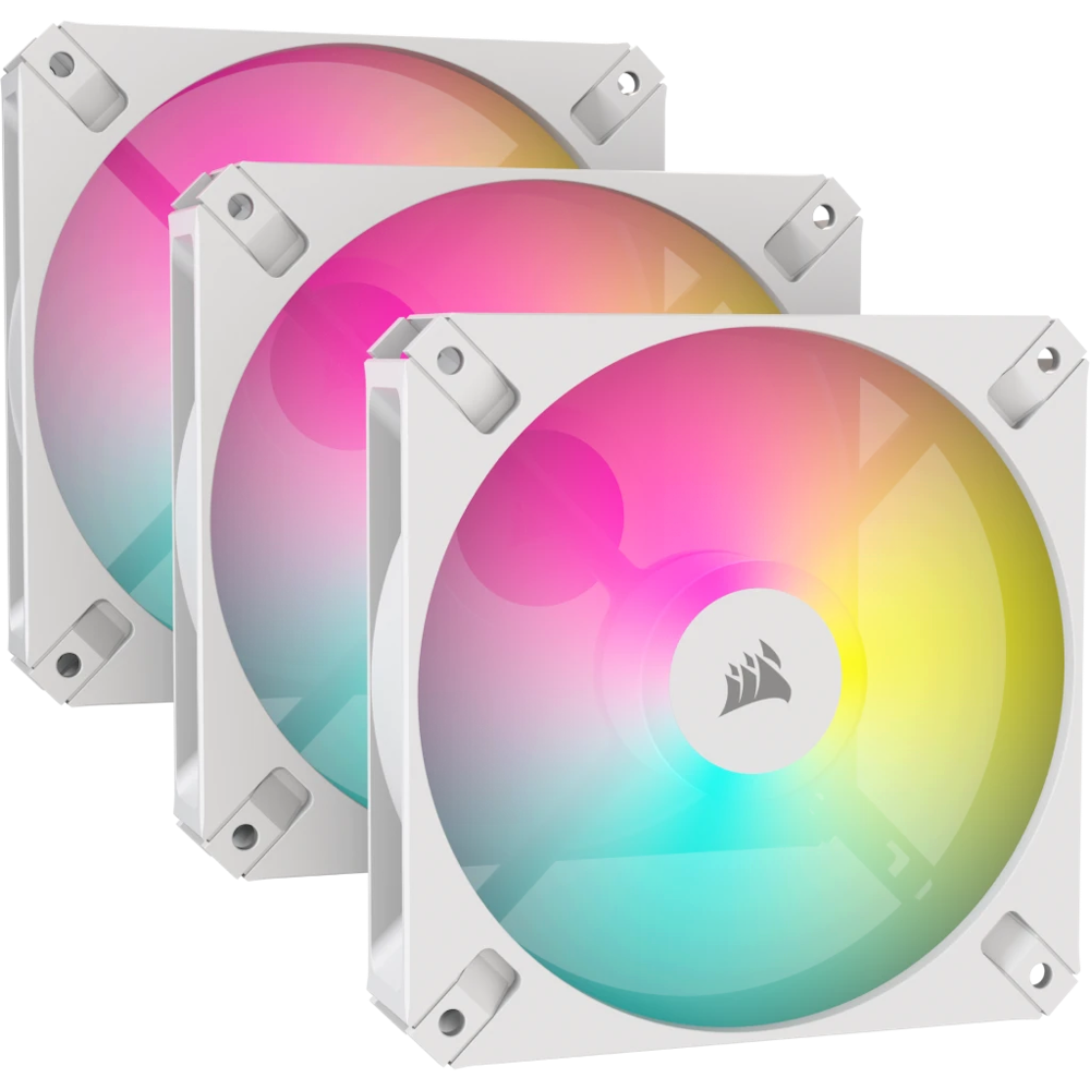 A large main feature product image of Corsair iCUE AR120 Digital RGB 120mm PWM Fan White - Triple Pack