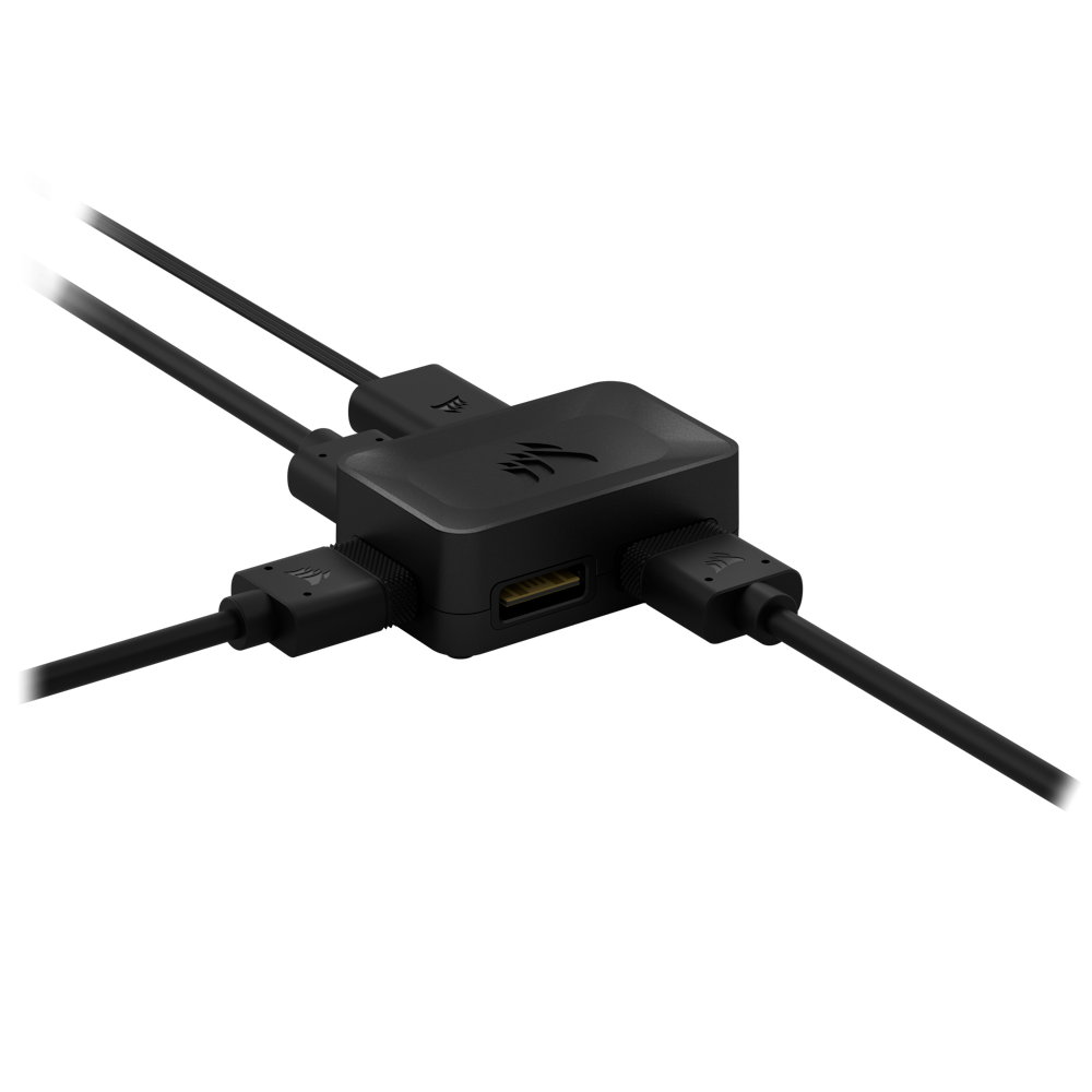 A large main feature product image of Corsair iCUE LINK 4-Way Signal Splitter