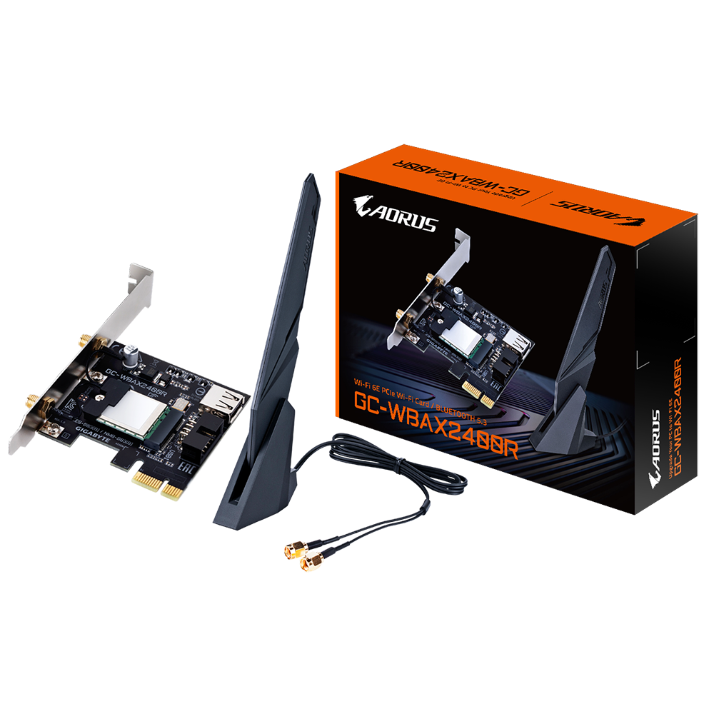A large main feature product image of Gigabyte GC-WBAX2400R Tri-Band Wi-Fi 6E Bluetooth 5.3EXT Wireless PCIe Adapter