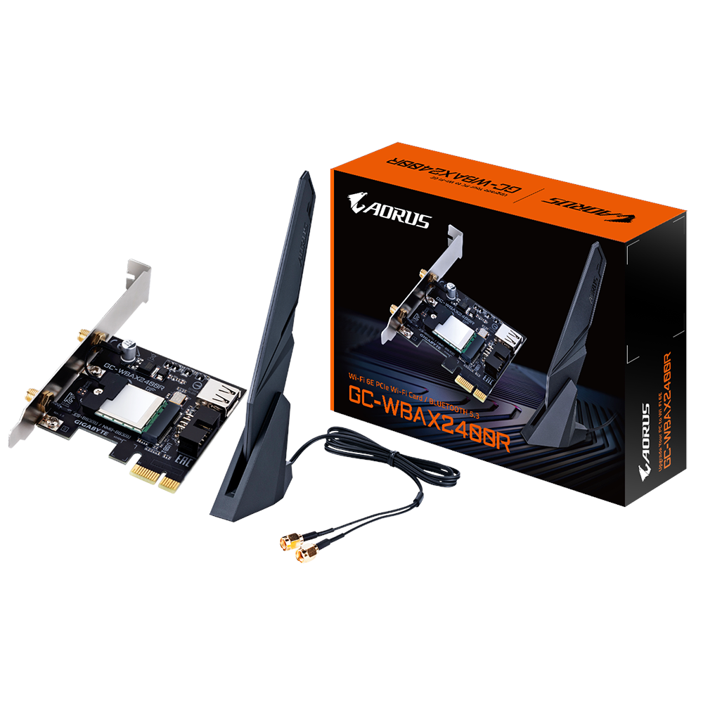 A large main feature product image of Gigabyte Triband GC-WBAX2400R Wifi 6E PCIe Bluetooth 5.3EXT Wireless Adapter