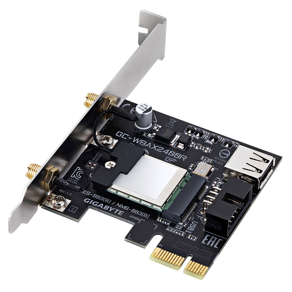 A large main feature product image of Gigabyte GC-WBAX2400R Tri-Band Wi-Fi 6E Bluetooth 5.3EXT Wireless PCIe Adapter