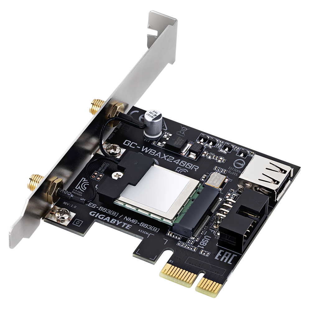 A large main feature product image of Gigabyte Triband GC-WBAX2400R Wifi 6E PCIe Bluetooth 5.3EXT Wireless Adapter