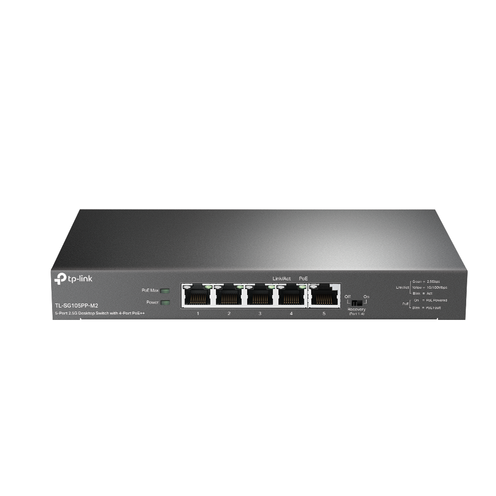A large main feature product image of TP-Link SG105PP-M2 - 5-Port 2.5GbE Desktop Switch with 4-Port PoE+