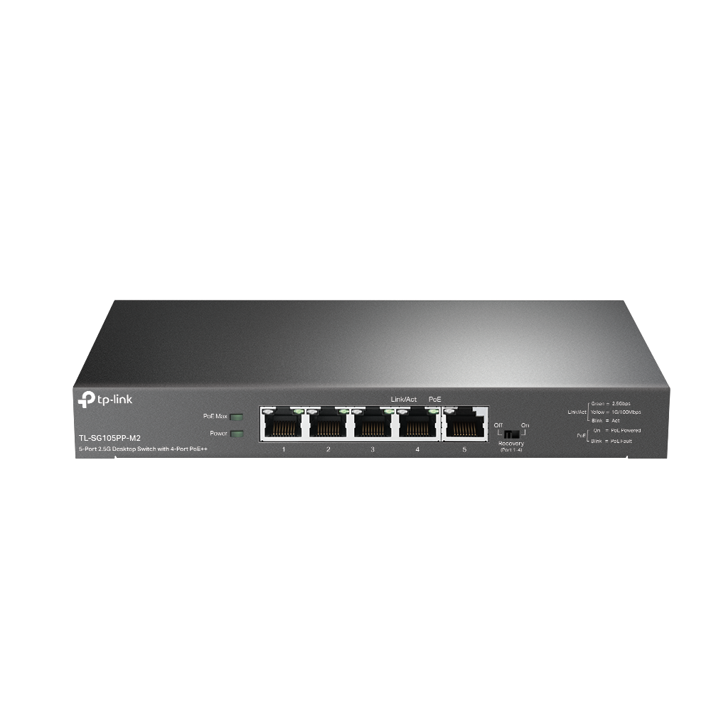 A large main feature product image of TP-Link SG105PP-M2 - 5-Port 2.5GbE Desktop Switch with 4-Port PoE+