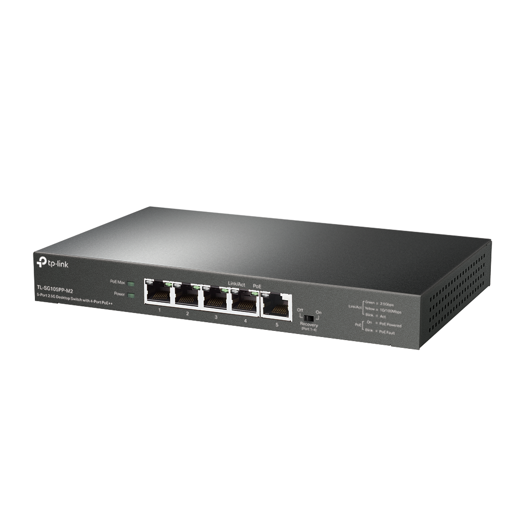 A large main feature product image of TP-Link SG105PP-M2 - 5-Port 2.5GbE Desktop Switch with 4-Port PoE+