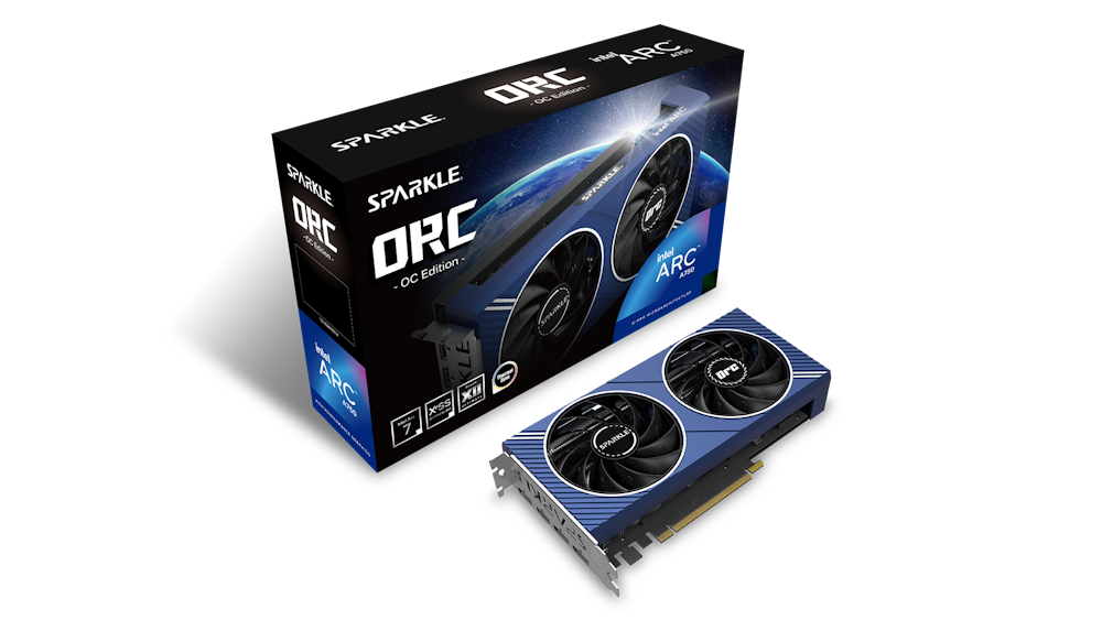 A large main feature product image of SPARKLE Intel Arc A750 ORC OC 8GB GDDR6